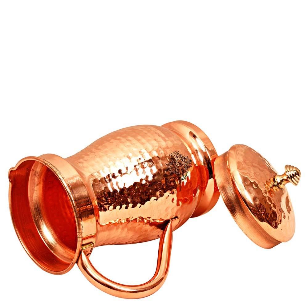 Pure copper hammered maharaja style jug with brass knob on lid, 1350 ML